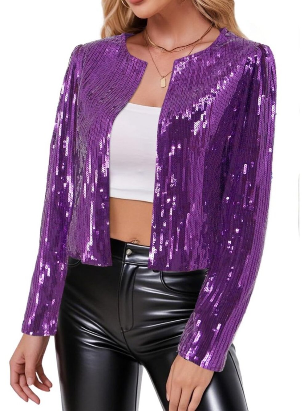 Women’s Purple Sequin Jackets Long Sleeve Open Front Coat Glitter Short Blazer